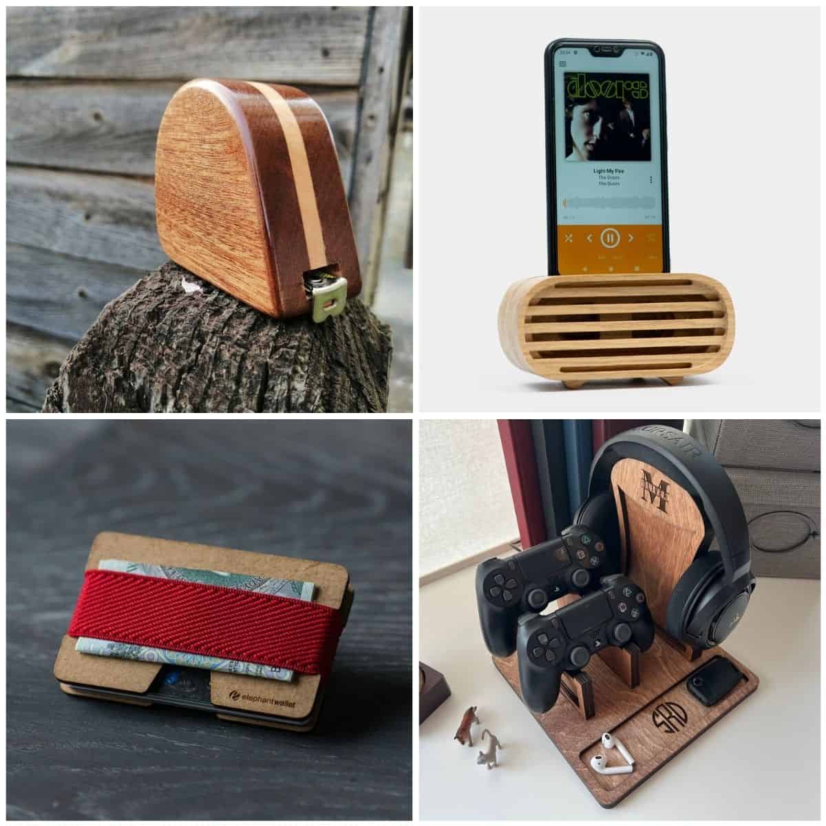 image collage of 4 wood gift ideas for him